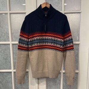 Tommy Hilfiger Wool Blend Navy and Beige Zip Up Pullover Sweater SzL